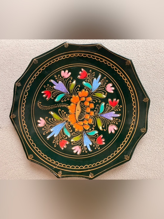 Handmade Other - Hand-Painted Floral Decorative Plate / Tray in Dark Green